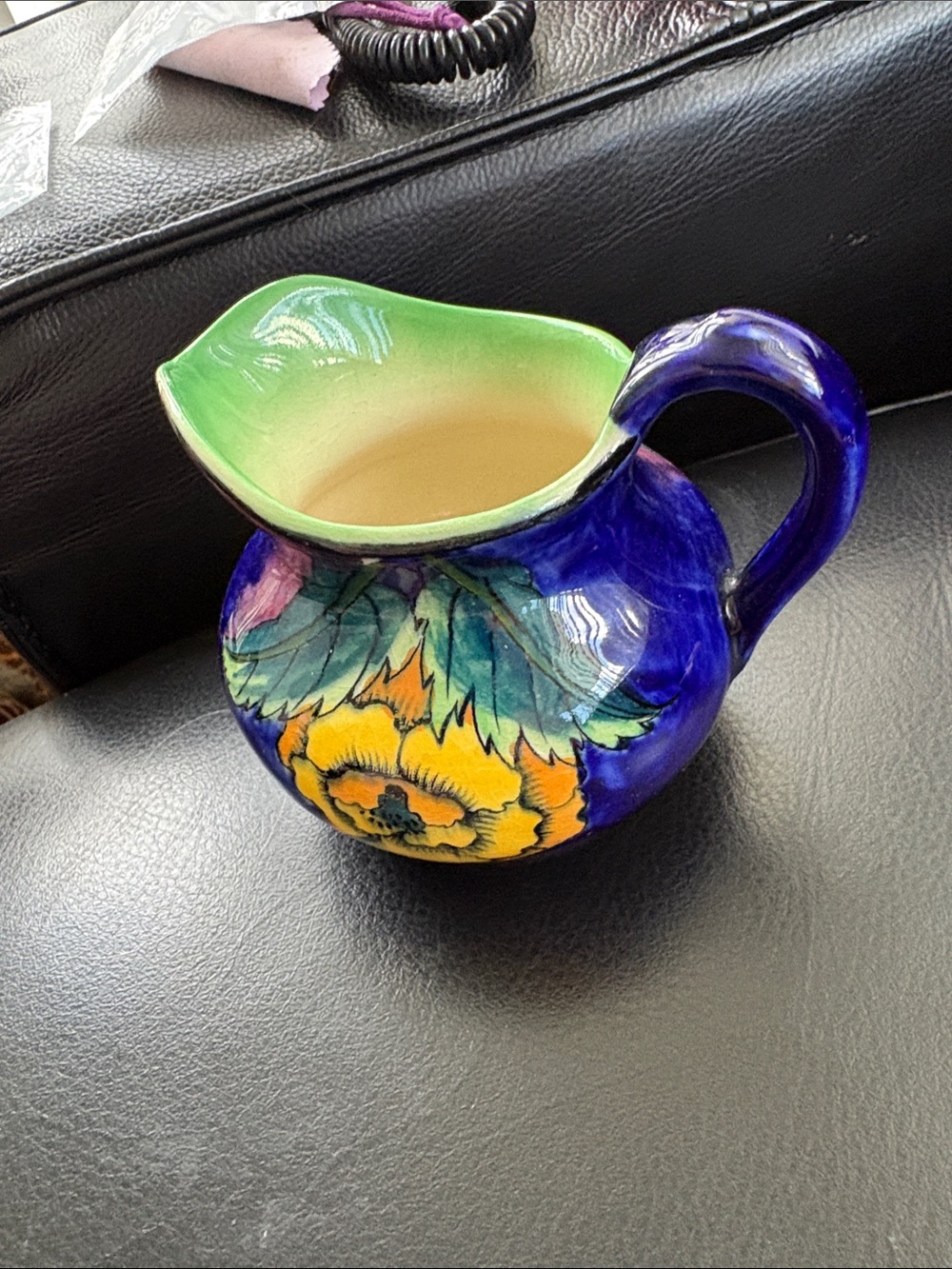 Vintage Hand -Painted Blue Floral Ceramic creamer Jug with Green Rim
